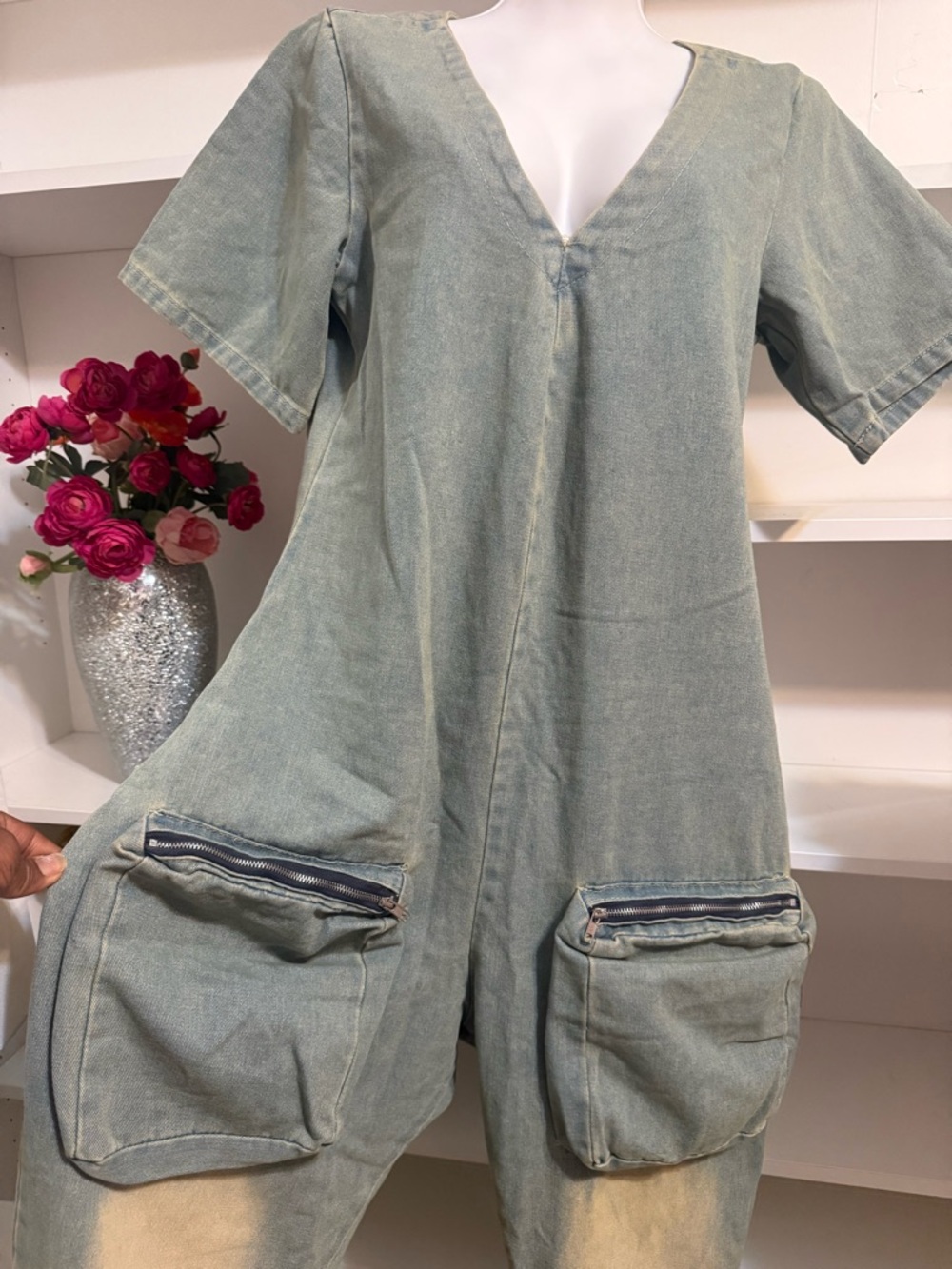 Washed Blue Utility Jumpsuit - Women L - Picture 3 of 9